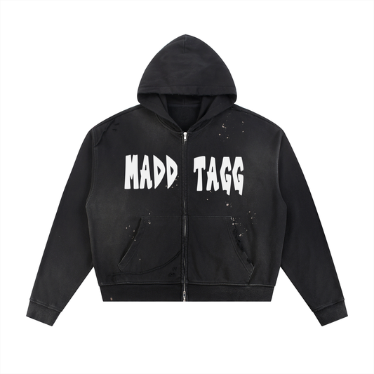 Sun Fade Frayed Raw Edge Fleece Zip Hoodie
