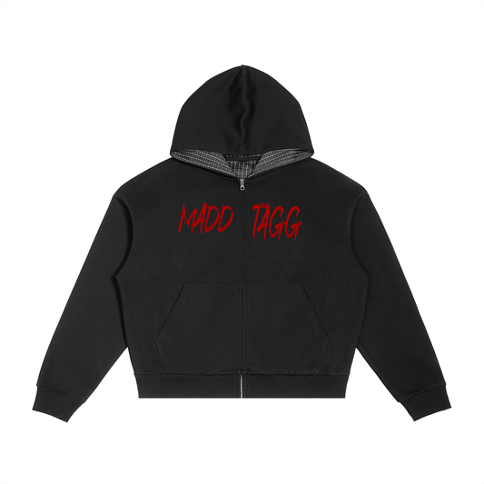 Contrast Plaid Boxy Zip Hoodie