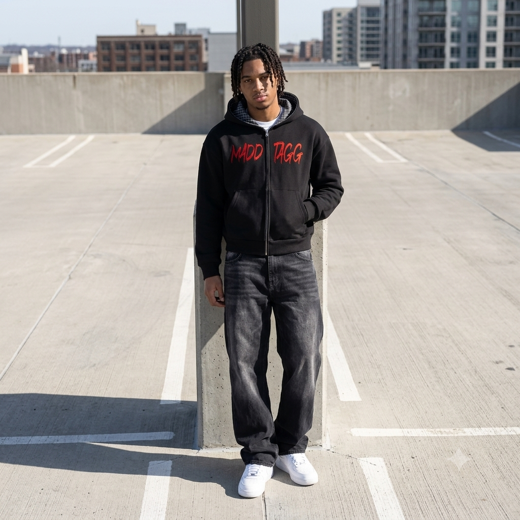 Contrast Plaid Boxy Zip Hoodie